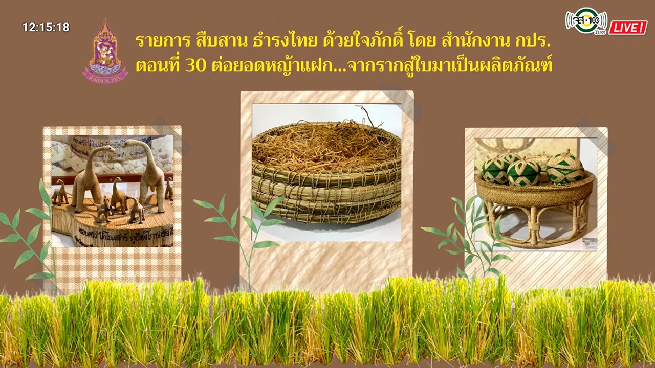 ปี 2565 : รายการ สืบสาน ธำรงไทย ด้วยใจภักดิ์ ตอนที่ 30  ต่อยอดหญ้าแฝก จากรากสู่ใบมาเป็นผลิตภัณฑ์